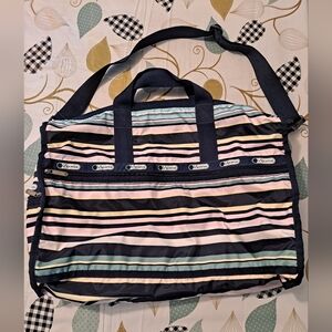 LeSportsac Large Blue Pink White Yellow Striped Weekender Duffle Travel Bag